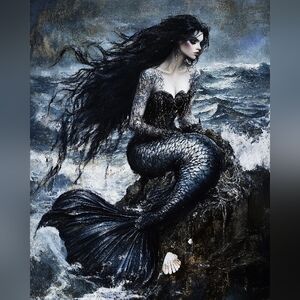 Mystical Mermaid Art Print - Black and Gray